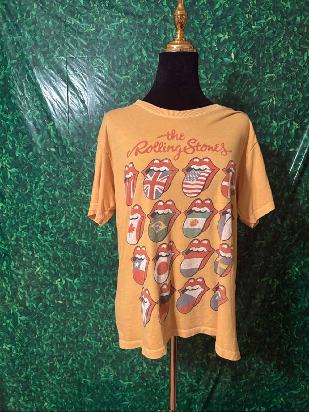 The Rolling Stones ladies Tee - Mustard Yellow with Multi-Flag Graphic